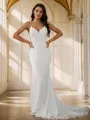 Sheath/Column Stretch Crepe Lace V-neck Sleeveless Court Train Wedding Dresses