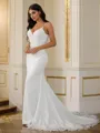 Sheath/Column Stretch Crepe Lace V-neck Sleeveless Court Train Wedding Dresses