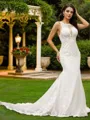 Sheath/Column Stretch Crepe Lace Scoop Sleeveless Court Train Wedding Dresses