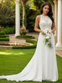 A-Line/Princess Chiffon Lace Scoop Sleeveless Sweep Train Wedding Dresses