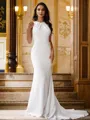Sheath/Column Stretch Crepe Ruched Scoop Sleeveless Sweep Train Wedding Dresses