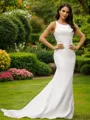 Sheath/Column Stretch Crepe Lace Scoop Sleeveless Sweep Train Wedding Dresses