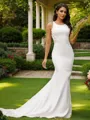 Sheath/Column Stretch Crepe Lace Scoop Sleeveless Sweep Train Wedding Dresses