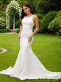 Sheath/Column Stretch Crepe Lace Scoop Sleeveless Sweep Train Wedding Dresses