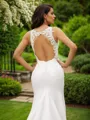 Sheath/Column Stretch Crepe Lace Scoop Sleeveless Sweep Train Wedding Dresses