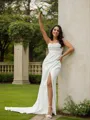 Sheath/Column Stretch Crepe Ruched Spaghetti Straps Sleeveless Sweep Train Wedding Dresses