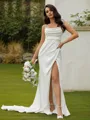 Sheath/Column Stretch Crepe Ruched Spaghetti Straps Sleeveless Sweep Train Wedding Dresses
