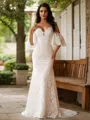 Sheath/Column Lace V-neck Short Sleeves Sweep Train Wedding Dresses