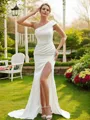 Sheath/Column Charmeuse Ruched One-Shoulder Sleeveless Court Train Wedding Dresses