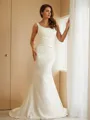 Sheath/Column Charmeuse Ruched Straps Sleeveless Sweep Train Wedding Dresses