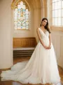A-Line/Princess Tulle Applique V-neck Sleeveless Cathedral Train Wedding Dresses