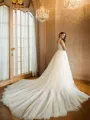 A-Line/Princess Tulle Applique V-neck Sleeveless Cathedral Train Wedding Dresses