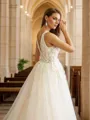 A-Line/Princess Tulle Applique V-neck Sleeveless Cathedral Train Wedding Dresses