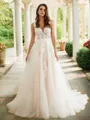 A-Line/Princess Tulle Applique V-neck Sleeveless Chapel Train Wedding Dresses