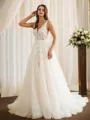 A-Line/Princess Tulle Applique V-neck Sleeveless Chapel Train Wedding Dresses