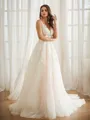 A-Line/Princess Tulle Applique V-neck Sleeveless Chapel Train Wedding Dresses