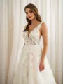 A-Line/Princess Tulle Applique V-neck Sleeveless Chapel Train Wedding Dresses