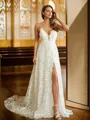 A-Line/Princess Lace V-neck Sleeveless Chapel Train Wedding Dresses