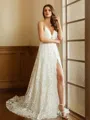 A-Line/Princess Lace V-neck Sleeveless Chapel Train Wedding Dresses