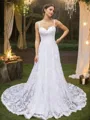 A-Line/Princess Lace Spaghetti Straps Sleeveless Chapel Train Wedding Dresses