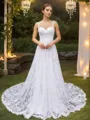 A-Line/Princess Lace Spaghetti Straps Sleeveless Chapel Train Wedding Dresses