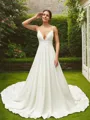 A-Line/Princess Stretch Crepe Lace V-neck Sleeveless Cathedral Train Wedding Dresses