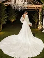 A-Line/Princess Satin Chiffon Ruched V-neck Long Sleeves Cathedral Train Wedding Dresses