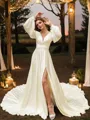 A-Line/Princess Satin Chiffon Ruched V-neck Long Sleeves Cathedral Train Wedding Dresses