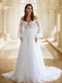 A-Line/Princess Tulle Applique Off-the-Shoulder Long Sleeves Chapel Train Wedding Dresses