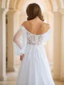 A-Line/Princess Tulle Applique Off-the-Shoulder Long Sleeves Chapel Train Wedding Dresses