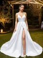 A-Line/Princess Satin Ruffles V-neck Sleeveless Court Train Wedding Dresses