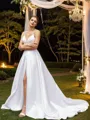 A-Line/Princess Satin Ruffles V-neck Sleeveless Court Train Wedding Dresses