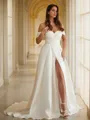 A-Line/Princess Satin Ruched Off-the-Shoulder Sleeveless Chapel Train Wedding Dresses