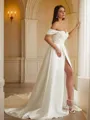 A-Line/Princess Satin Ruched Off-the-Shoulder Sleeveless Chapel Train Wedding Dresses