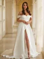 A-Line/Princess Satin Ruched Off-the-Shoulder Sleeveless Chapel Train Wedding Dresses