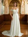 A-Line/Princess Stretch Crepe Lace Off-the-Shoulder Short Sleeves Court Train Wedding Dresses