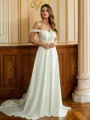 A-Line/Princess Stretch Crepe Lace Off-the-Shoulder Short Sleeves Court Train Wedding Dresses