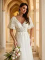A-Line/Princess Tulle Lace V-neck Short Sleeves Floor-Length Wedding Dresses
