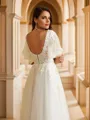 A-Line/Princess Tulle Lace V-neck Short Sleeves Floor-Length Wedding Dresses