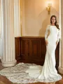 Sheath/Column Stretch Crepe Lace Scoop Long Sleeves Cathedral Train Wedding Dresses