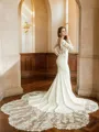 Sheath/Column Stretch Crepe Lace Scoop Long Sleeves Cathedral Train Wedding Dresses