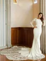 Sheath/Column Stretch Crepe Lace Scoop Long Sleeves Cathedral Train Wedding Dresses