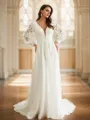 A-Line/Princess Tulle Lace V-neck Long Sleeves Court Train Wedding Dresses