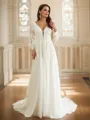 A-Line/Princess Tulle Lace V-neck Long Sleeves Court Train Wedding Dresses