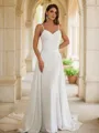 Sheath/Column Charmeuse Ruched V-neck Sleeveless Court Train Wedding Dresses