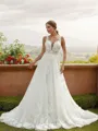 A-Line/Princess Tulle Lace Scoop Sleeveless Chapel Train Wedding Dresses