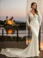 Sheath/Column Stretch Crepe Lace V-neck Long Sleeves Cathedral Train Wedding Dresses