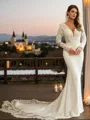 Sheath/Column Stretch Crepe Lace V-neck Long Sleeves Cathedral Train Wedding Dresses