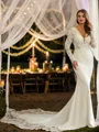 Sheath/Column Stretch Crepe Lace V-neck Long Sleeves Cathedral Train Wedding Dresses