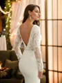 Sheath/Column Stretch Crepe Lace V-neck Long Sleeves Cathedral Train Wedding Dresses